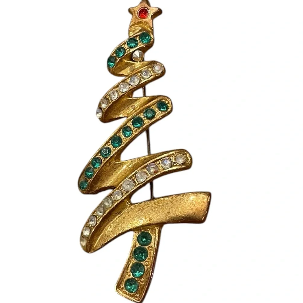 Vintage Christmas Tree Brooch Gold Tone Colorful‎ Rhinestones Art Deco Retro 2”+